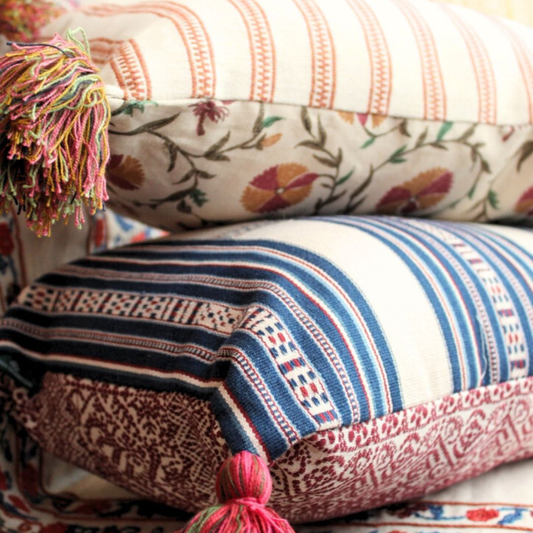 Tavira Stripe Indigo Red and Buriam Ruby Cushion with Pink and Green Tassels