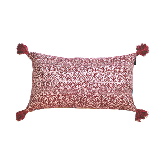 Tavira Stripe Indigo Red and Burriam Ruby Cushion with Pink and Green Tassels