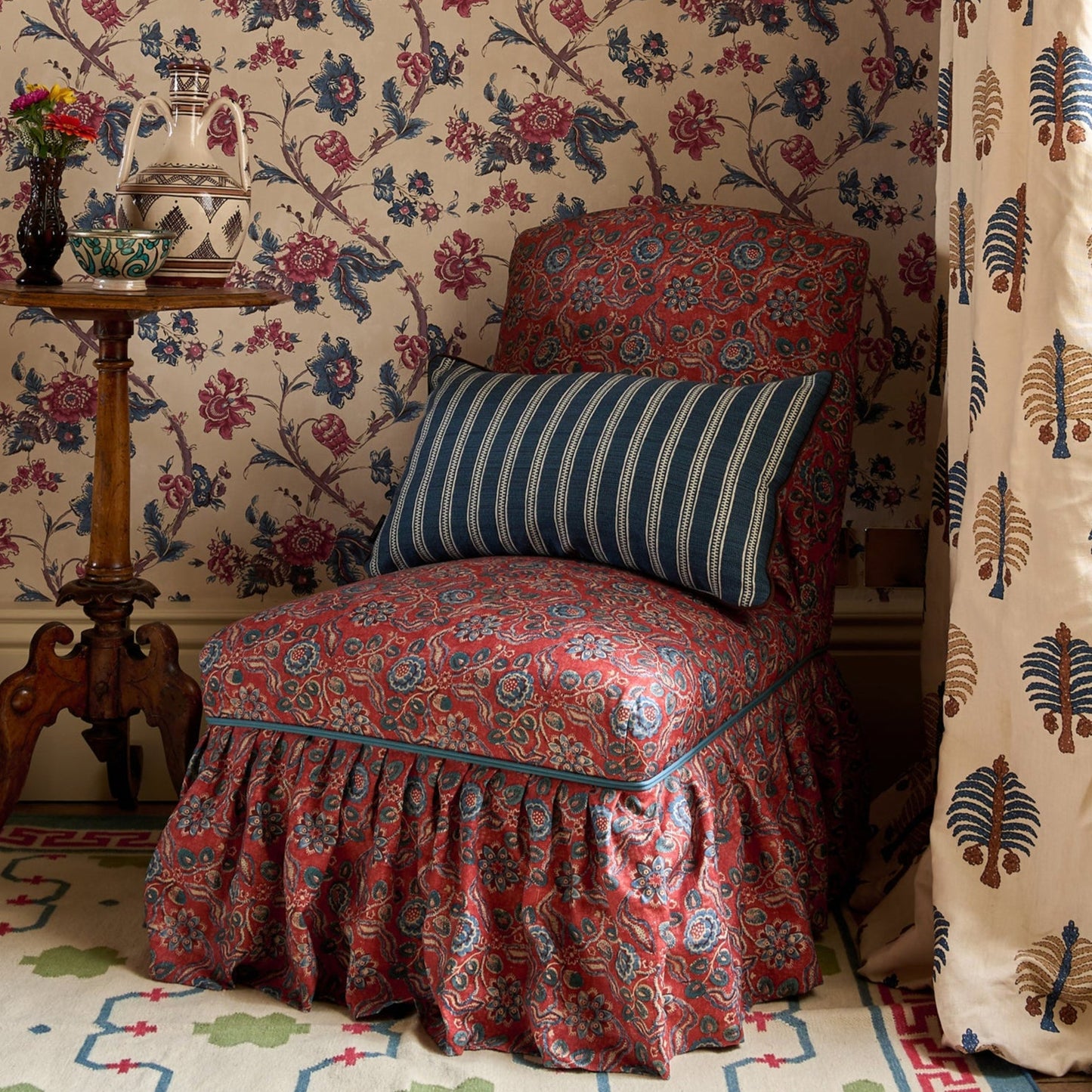 Evora Antique Red Blue and Ticking Stripe Ocean Cushion with Brown Trim