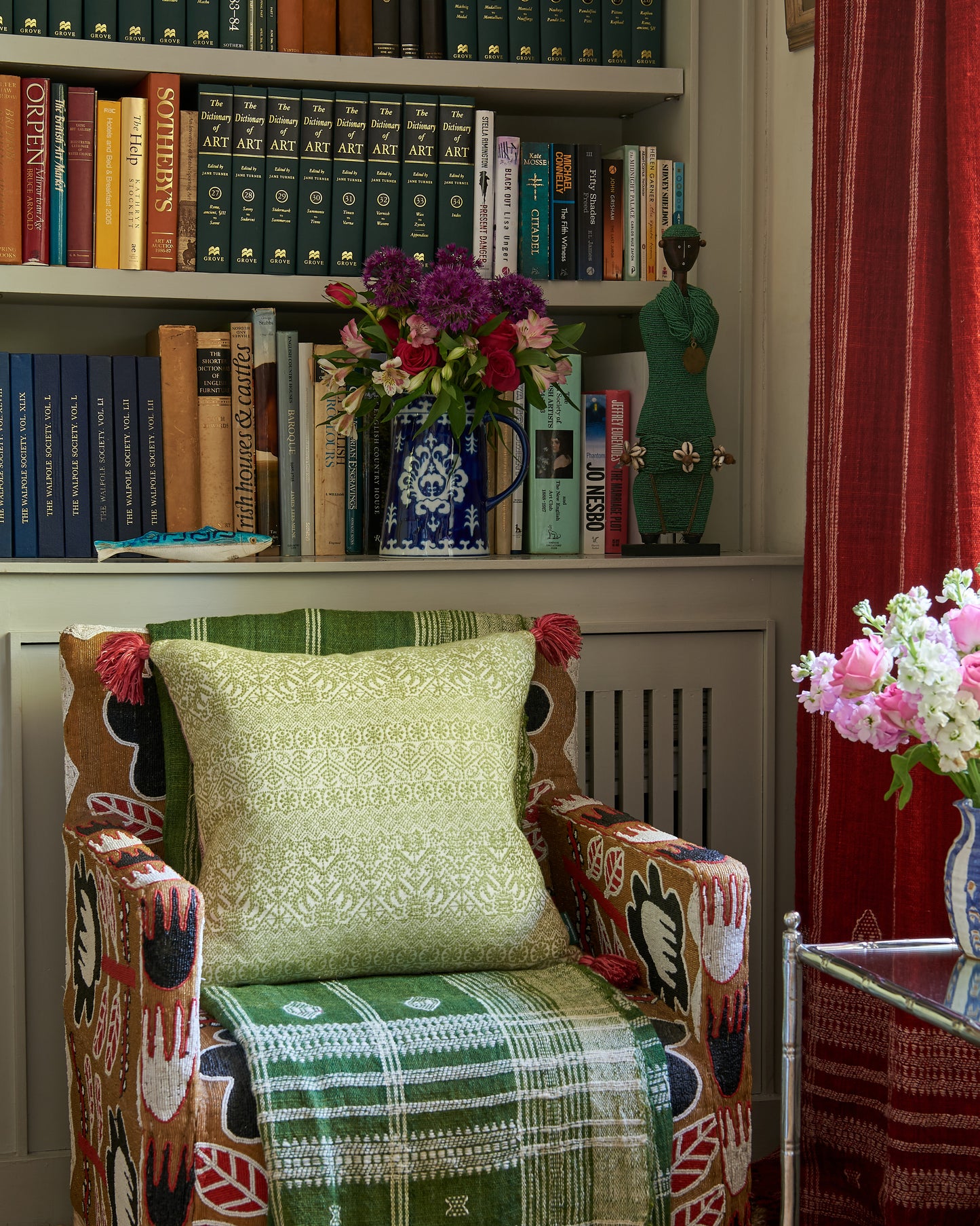 Buriam Lime and Ticking Stripe Rose Cushion with Pink Tassels