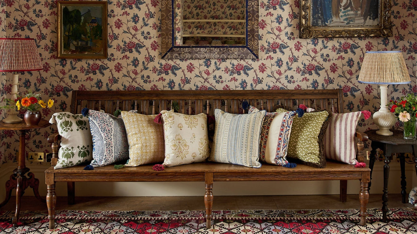 Little Zanzibar Yellow and Melides Stripe Blue Yellow Weave Cushion with Blue Trim
