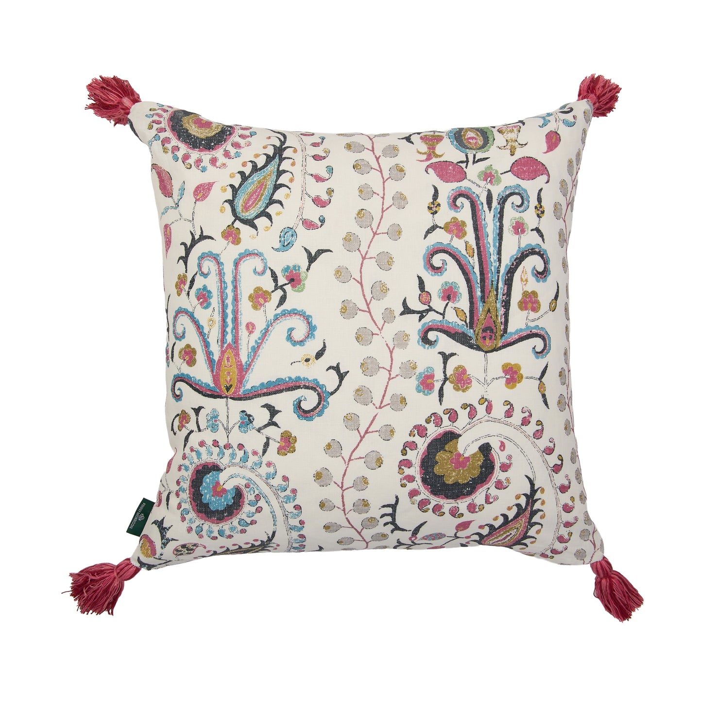 Little Zanzibar Duck Egg and Mughal Cushion with Pink Tassels