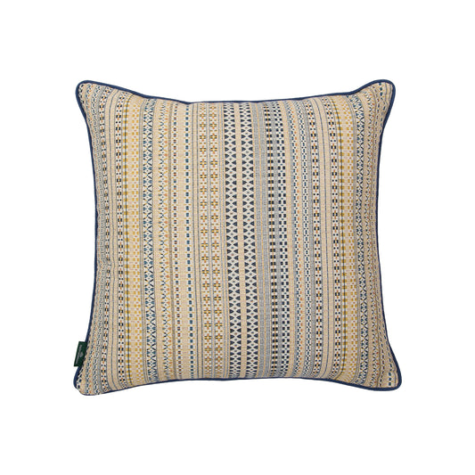 Little Zanzibar Yellow and Melides Stripe Blue Yellow Weave Cushion with Blue Trim