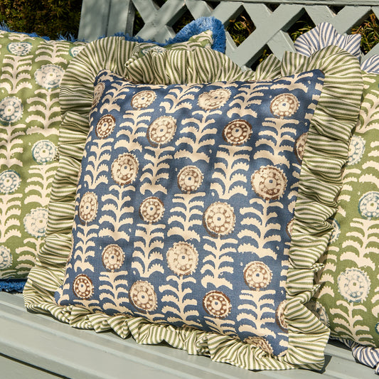 Killi Blue and Petra Stripe Garden Green Frill Performance/Outdoor Cushion