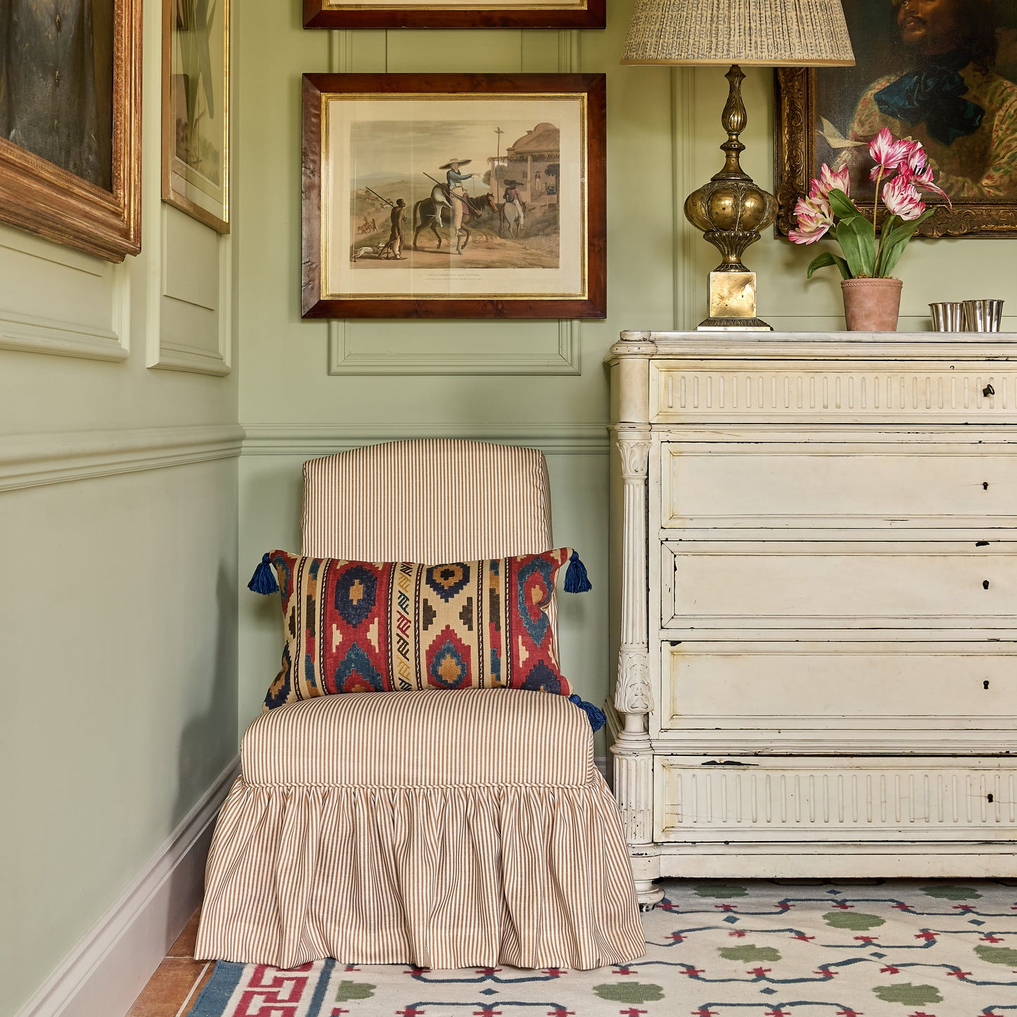Bagru Stripe and Sketched Stripe Gold Cushion with Blue Tassels