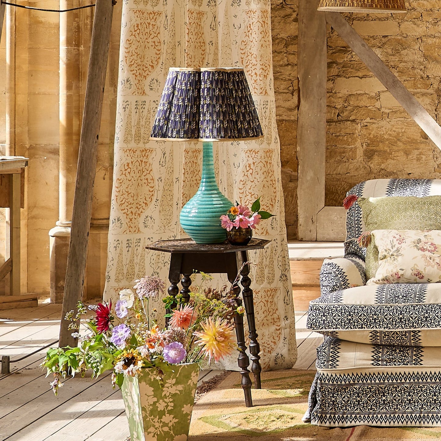 Green on Blue Marigold Pleated Silk Scalloped Lampshade with Gold Trim