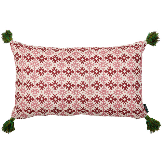 Chennai Weave Wine and Hemant Red Pink Cushion with Green Tassels