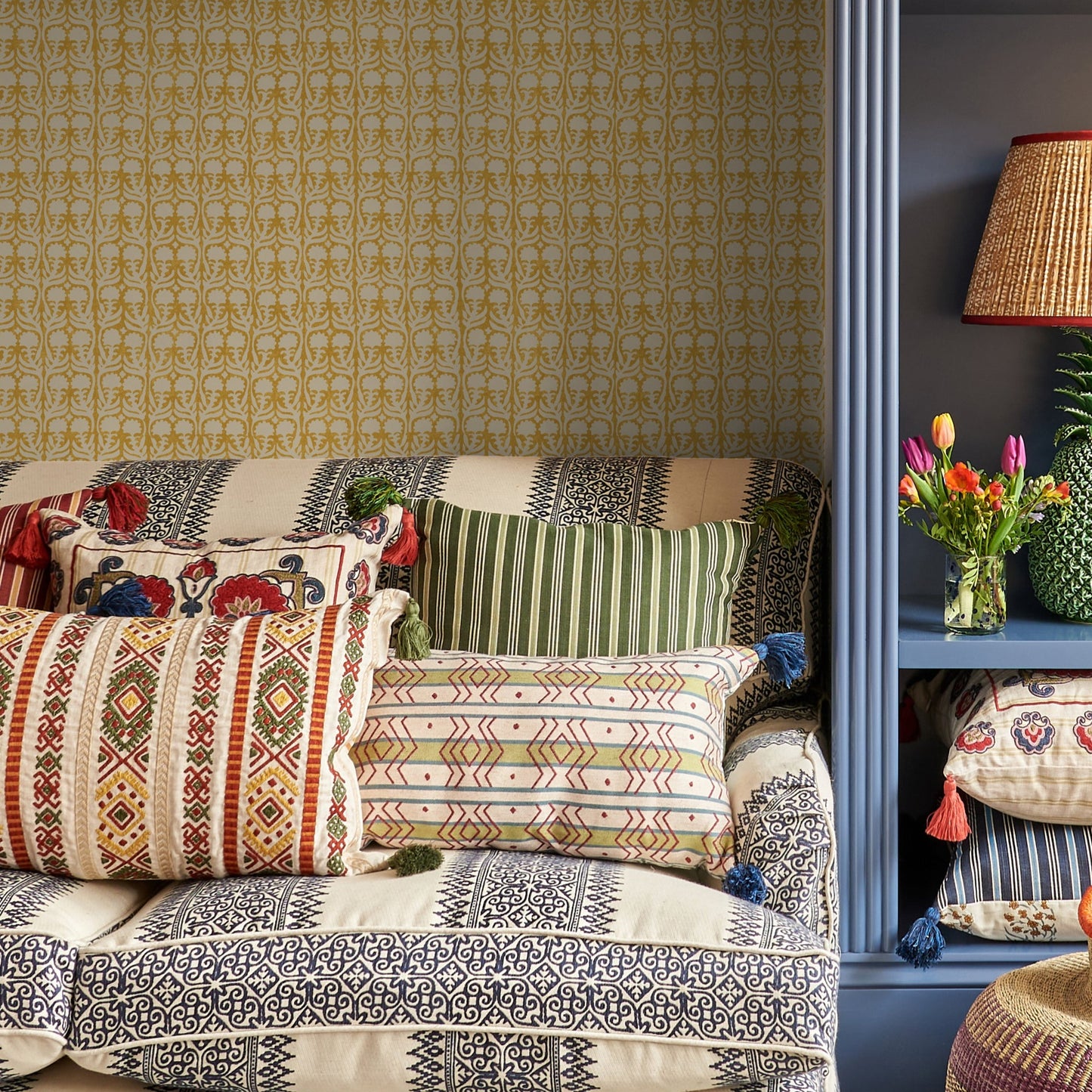 Kalindi Green Sienna and Meknes Stripe Pine Ivy Cushion with Green Tassels