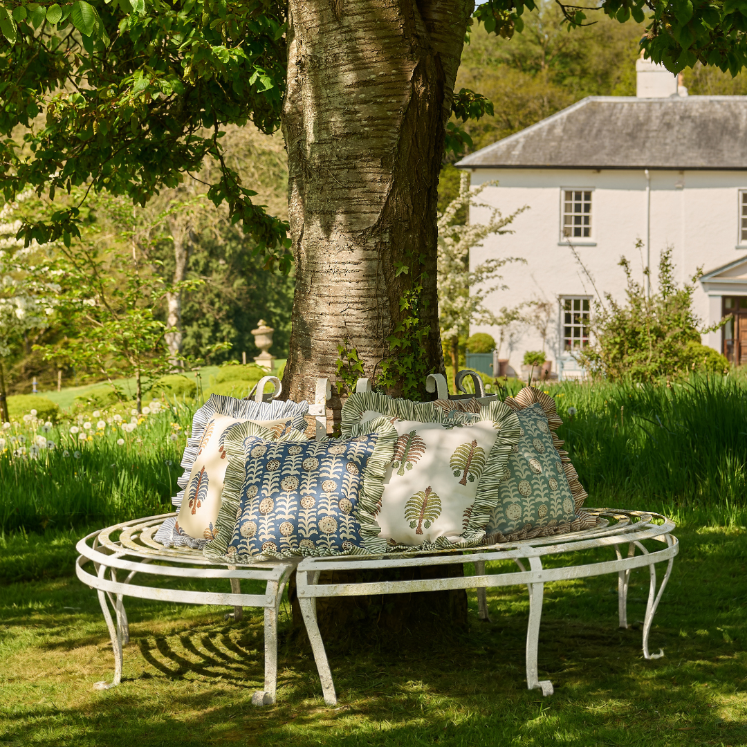 Killi Aqua and Petra Stripe Mocha Frill Performance/Outdoor Cushion