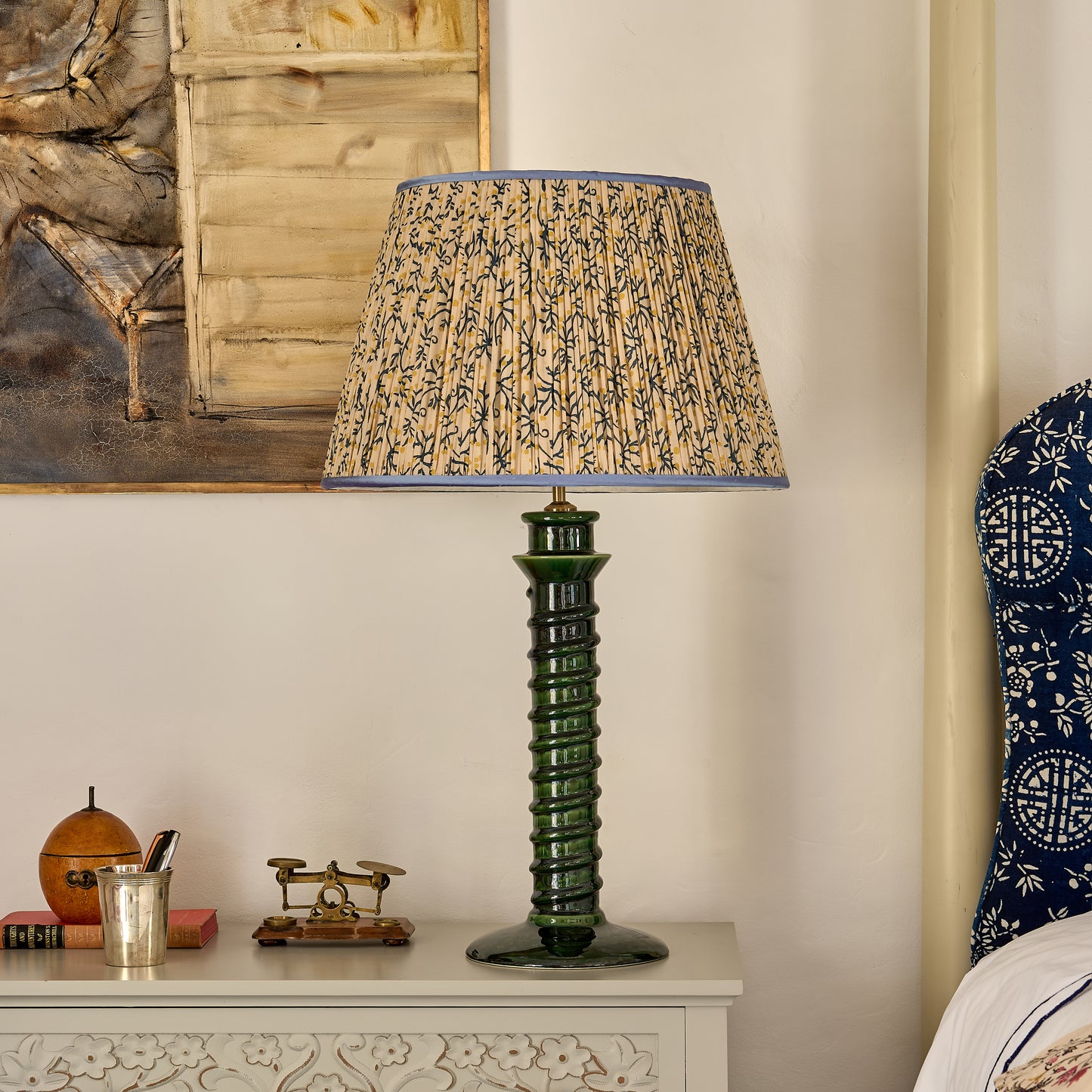 Blue/Yellow Juniper Pleated Lampshade with Blue Trim