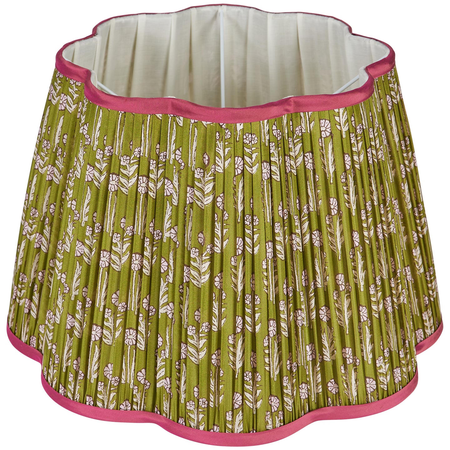 Pink on Green Marigold Pleated Silk Scalloped Lampshade with Pink Trim