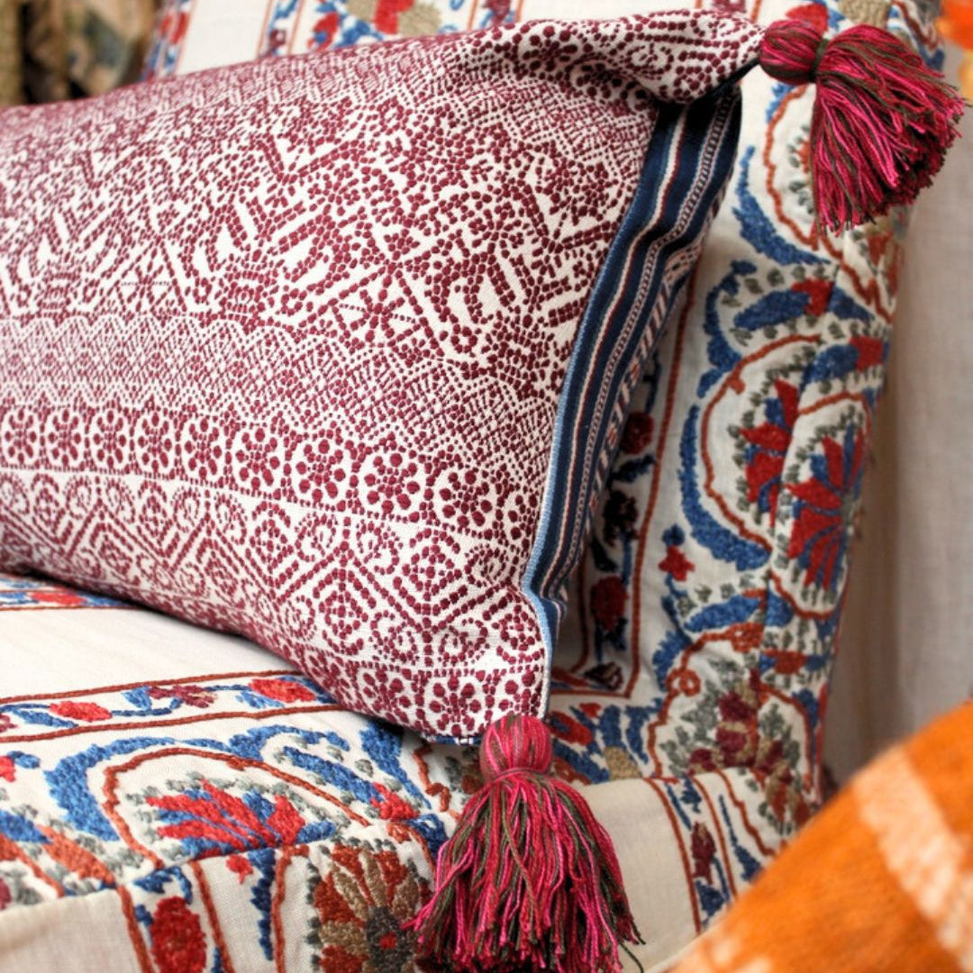 Tavira Stripe Indigo Red and Buriam Ruby Cushion with Pink and Green Tassels