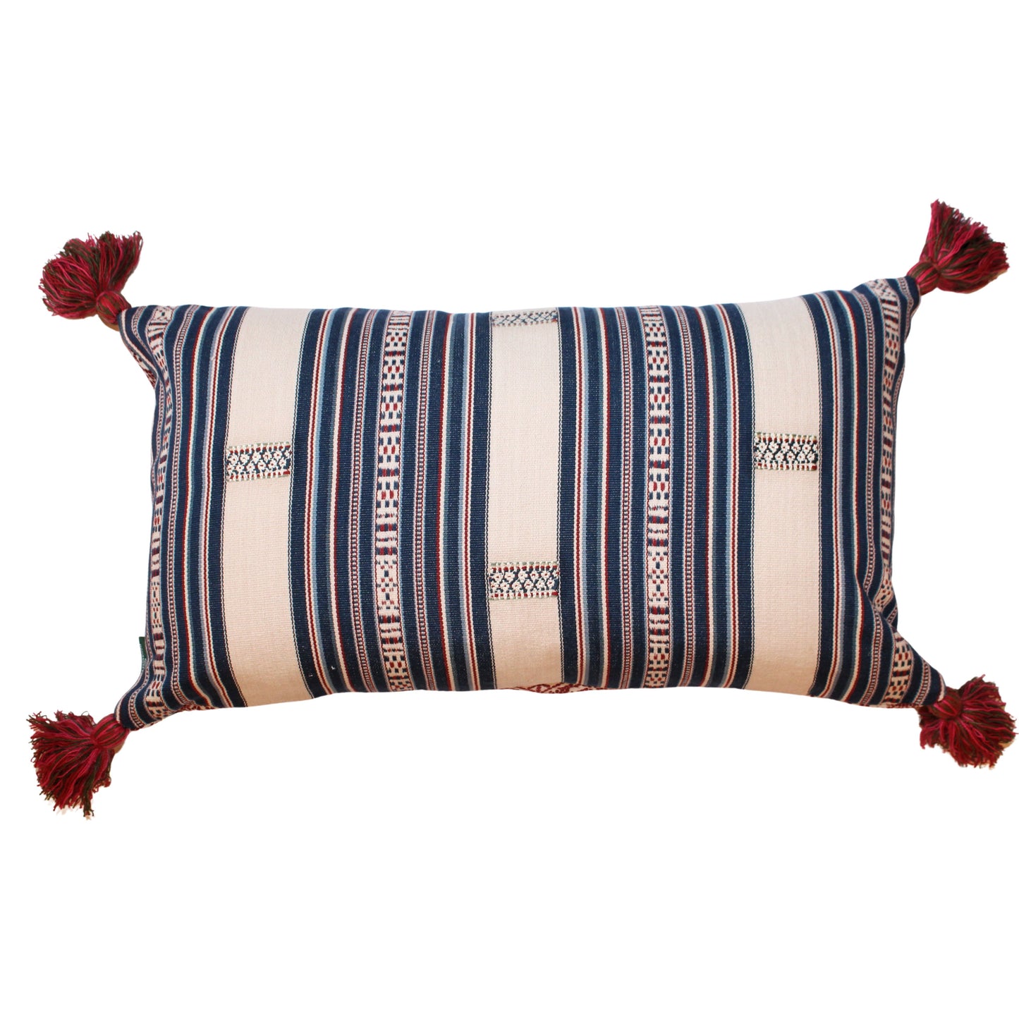 Tavira Stripe Indigo Red and Buriam Ruby Cushion with Pink and Green Tassels