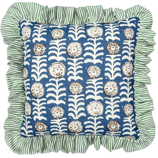 Killi Blue and Petra Stripe Garden Green Frill Performance/Outdoor Cushion