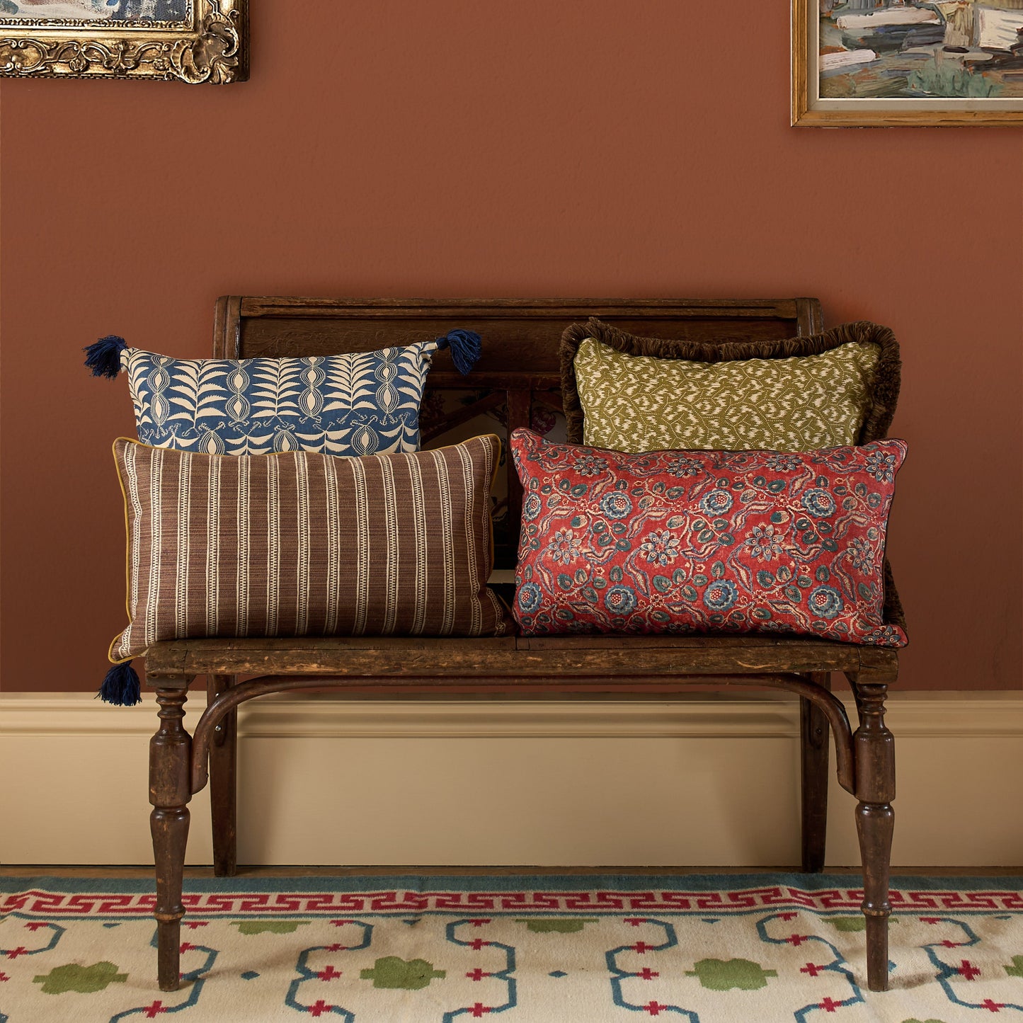 Rosa Antique Yellow Blue and Ticking Stripe Nutmeg Cushion with Yellow Trim