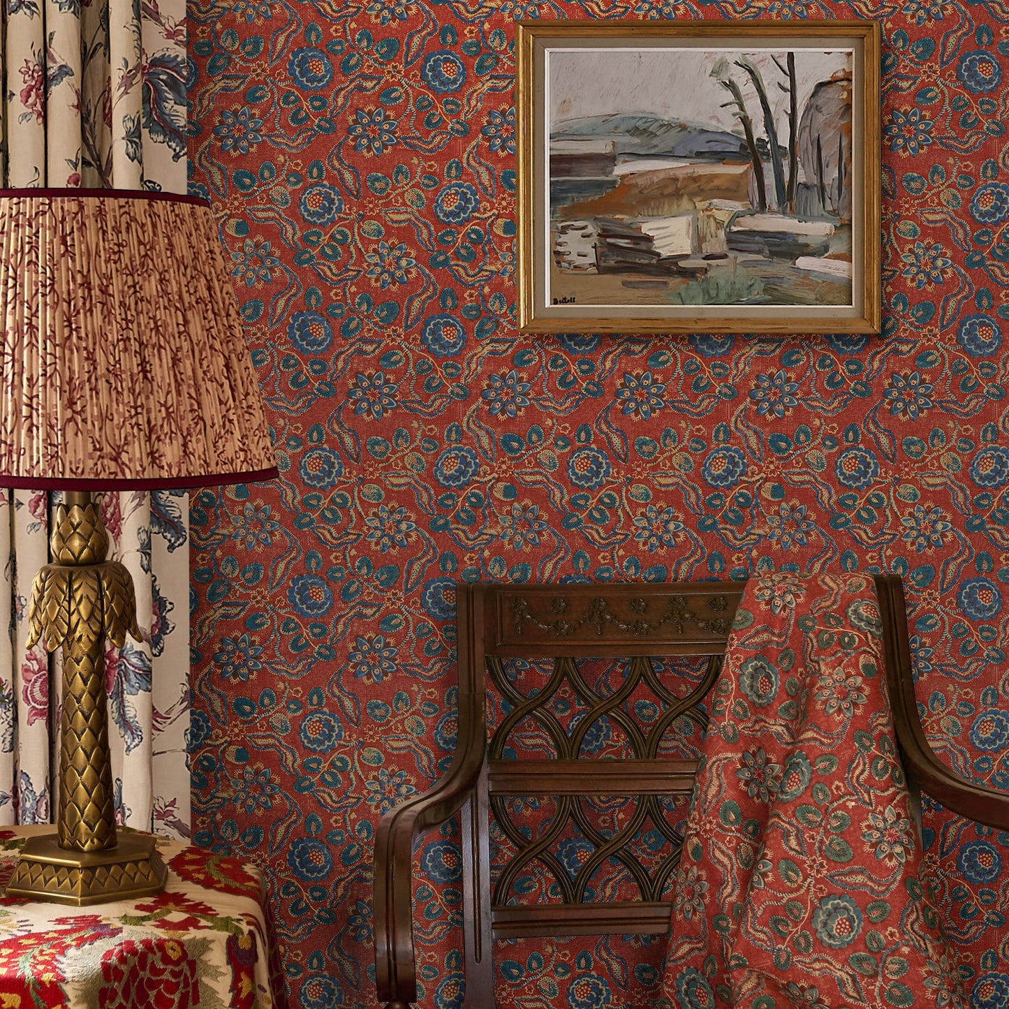 Evora Antique Red/Blue Wide-Width Wallpaper