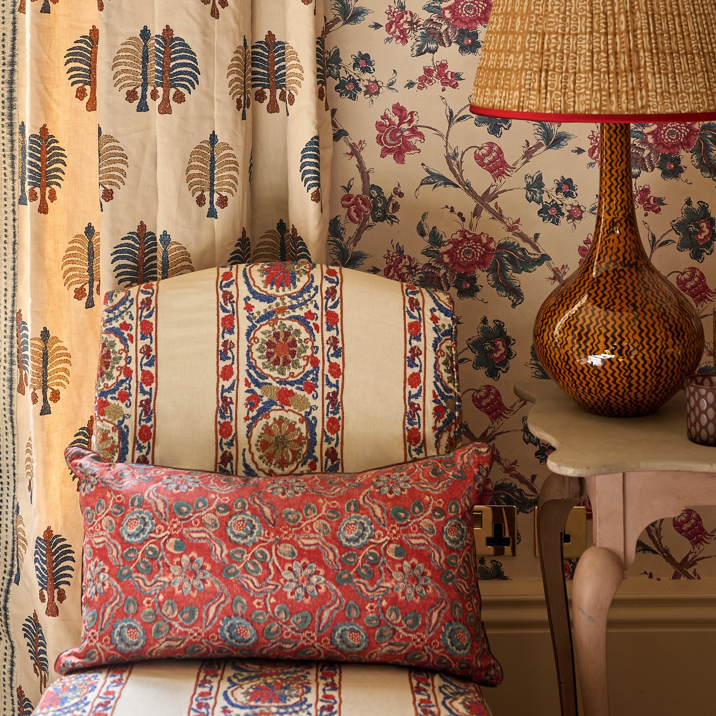 Evora Antique Red Blue and Ticking Stripe Ocean Cushion with Brown Trim