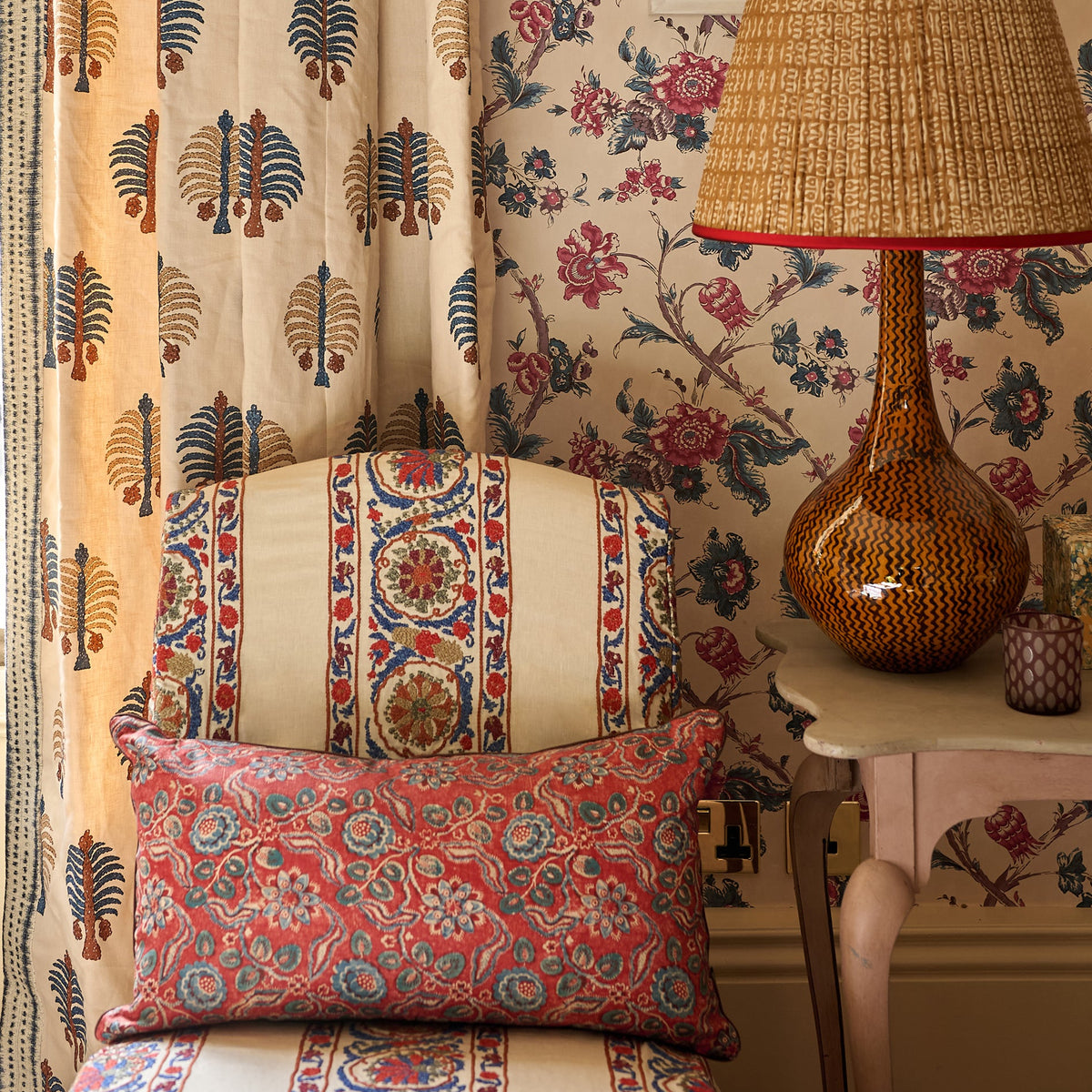 Evora Antique Red Blue and Ticking Stripe Ocean Cushion with Brown Trim Cushion