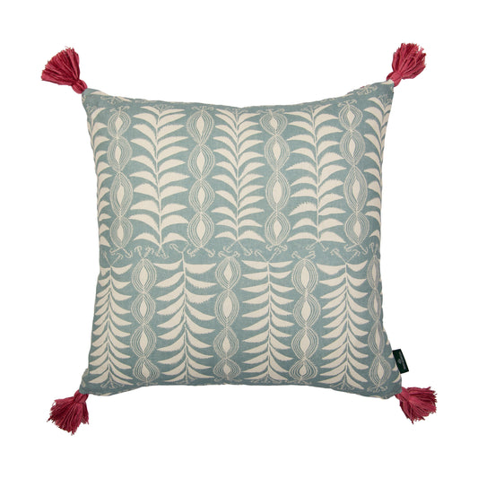 Little Zanzibar Duck Egg and Mughal Cushion with Pink Tassels