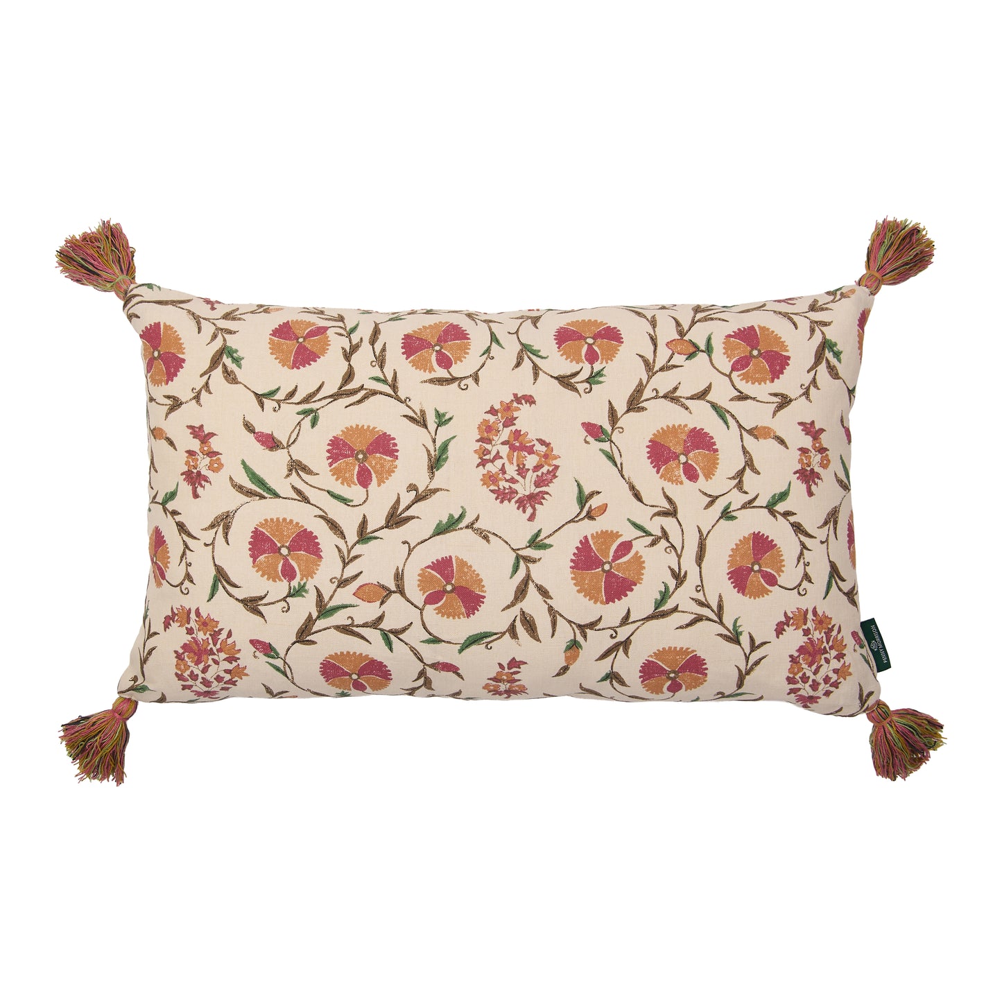 Carnation Flower and Ticking Stripe Ginger Cushion with Pink and Yellow Tassels