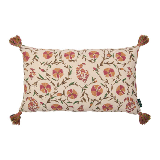 Carnation Flower and Ticking Stripe Ginger Cushion with Pink and Yellow Tassels