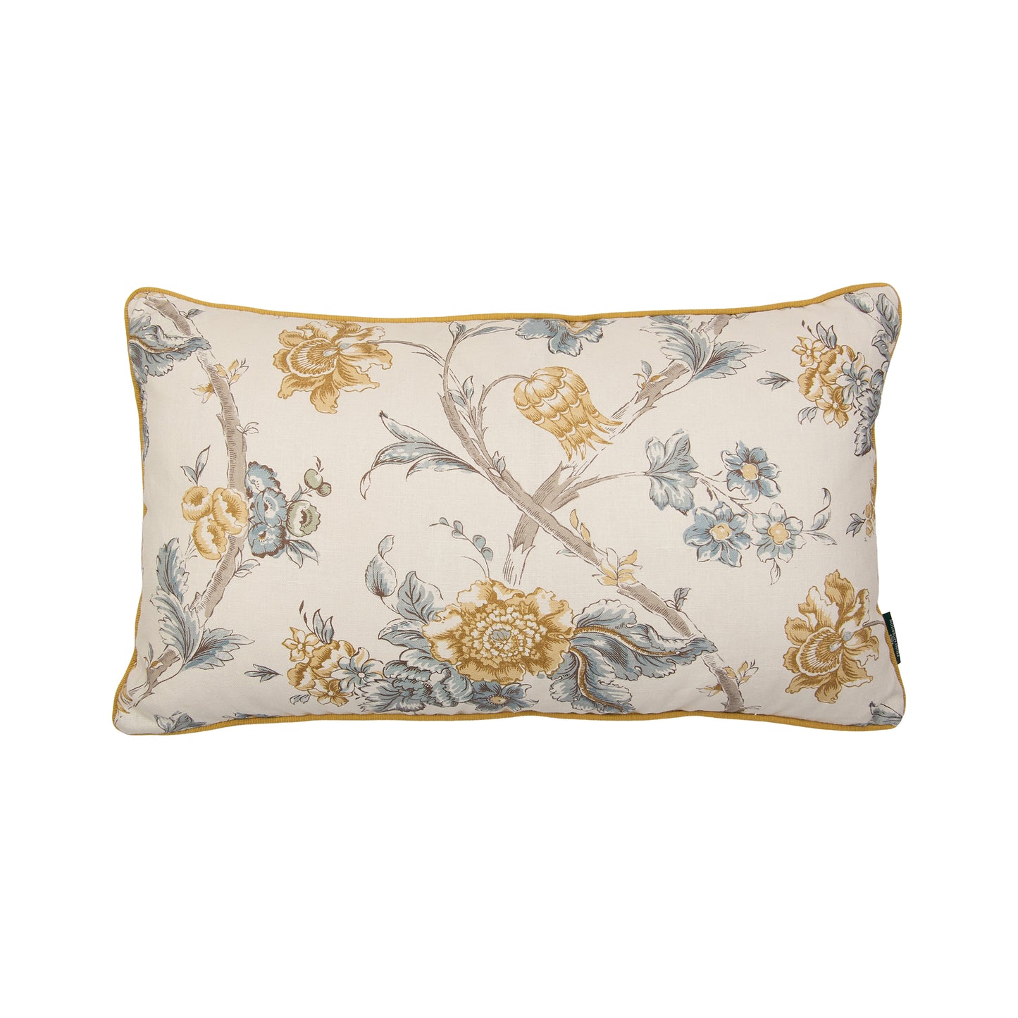 Rosa Antique Yellow Blue and Ticking Stripe Nutmeg Cushion with Yellow Trim