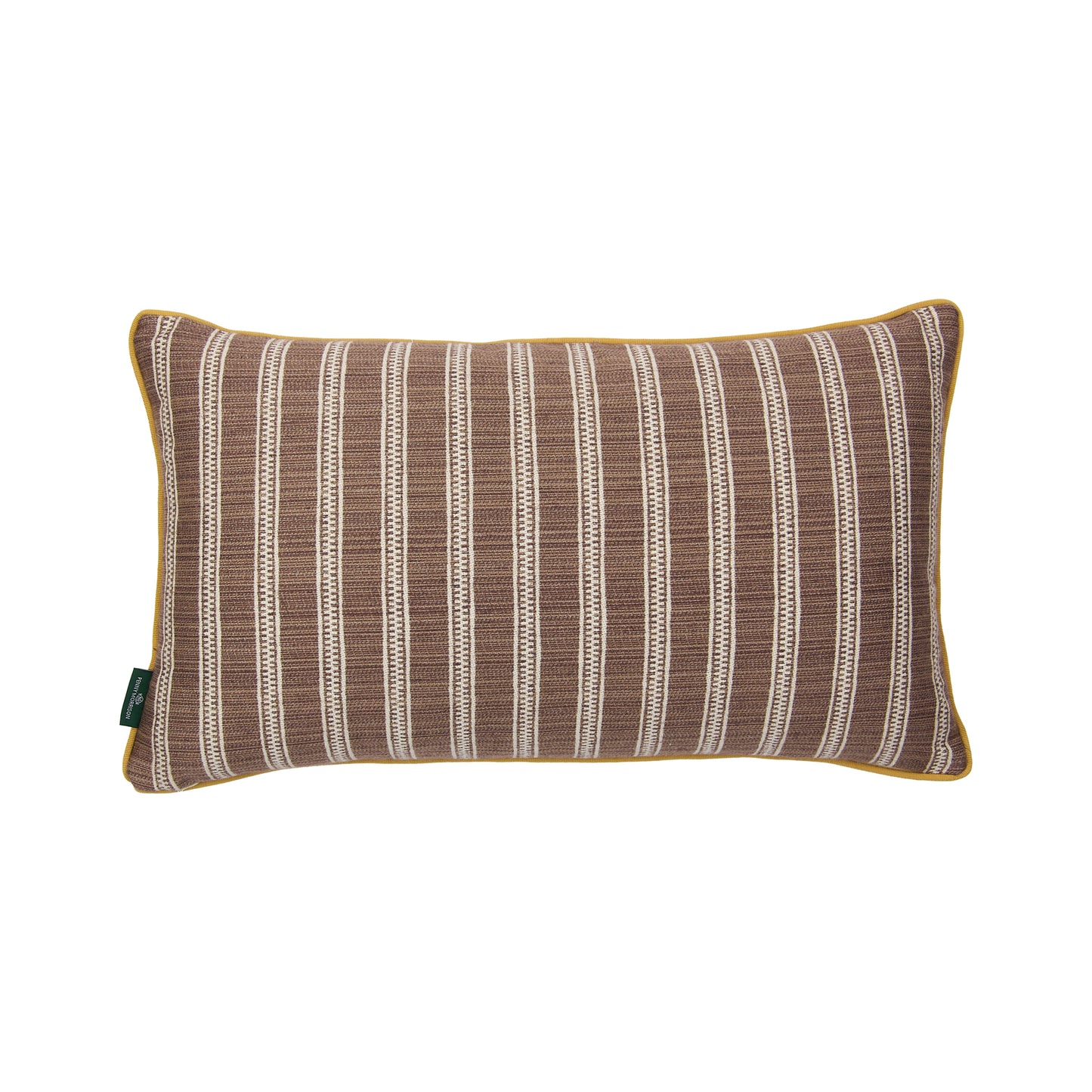 Rosa Antique Yellow Blue and Ticking Stripe Nutmeg Cushion with Yellow Trim