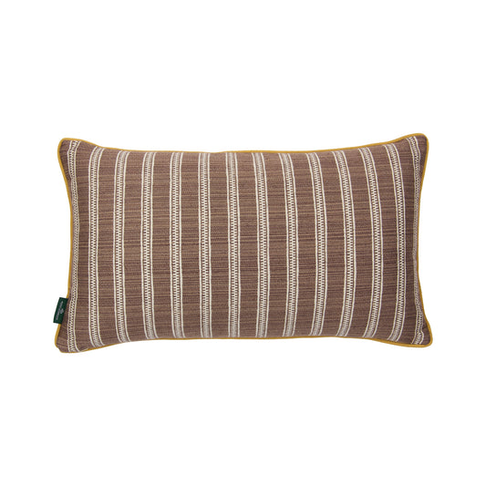 Rosa Antique Yellow Blue and Ticking Stripe Nutmeg Cushion with Yellow Trim