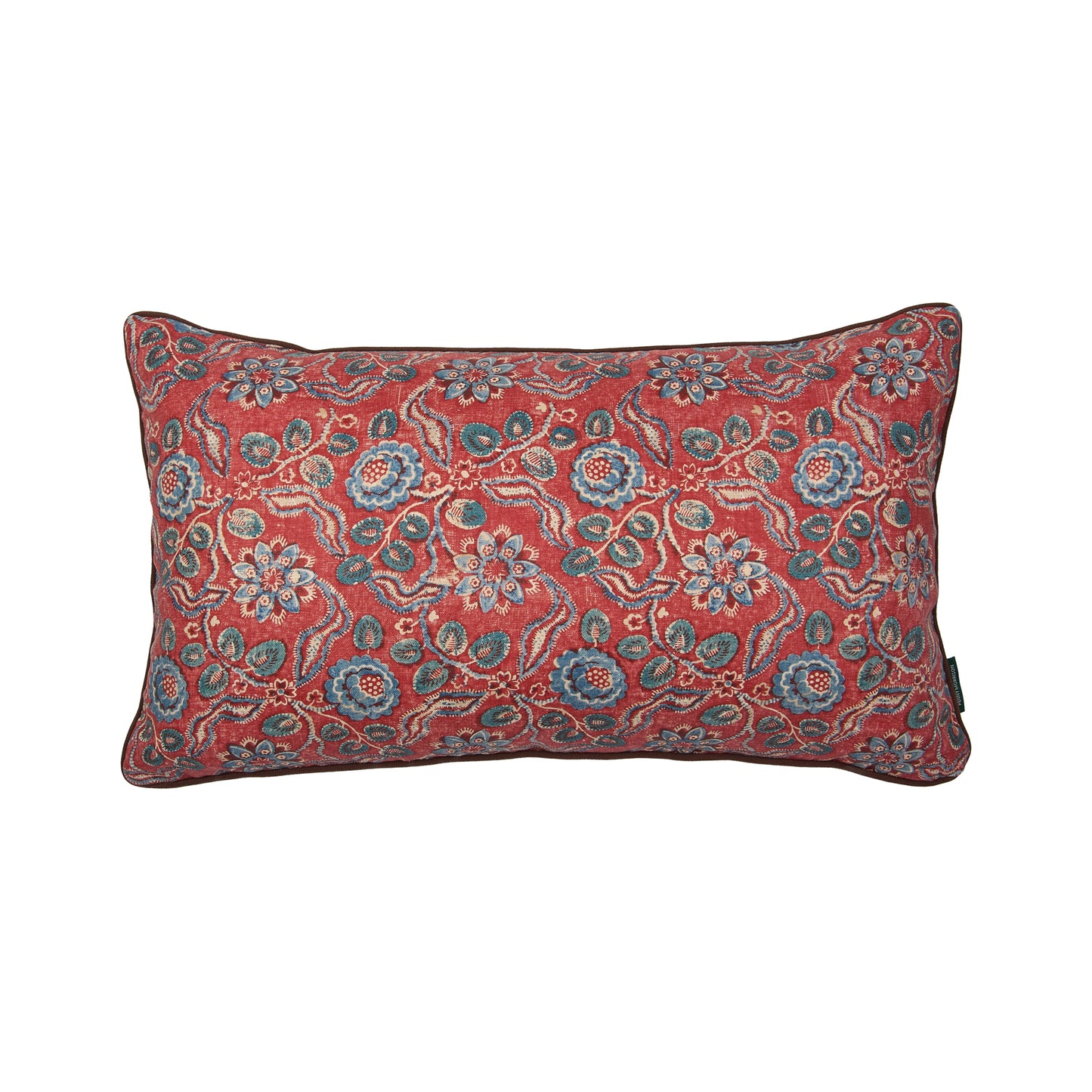 Evora Antique Red Blue and Ticking Stripe Ocean Cushion with Brown Trim