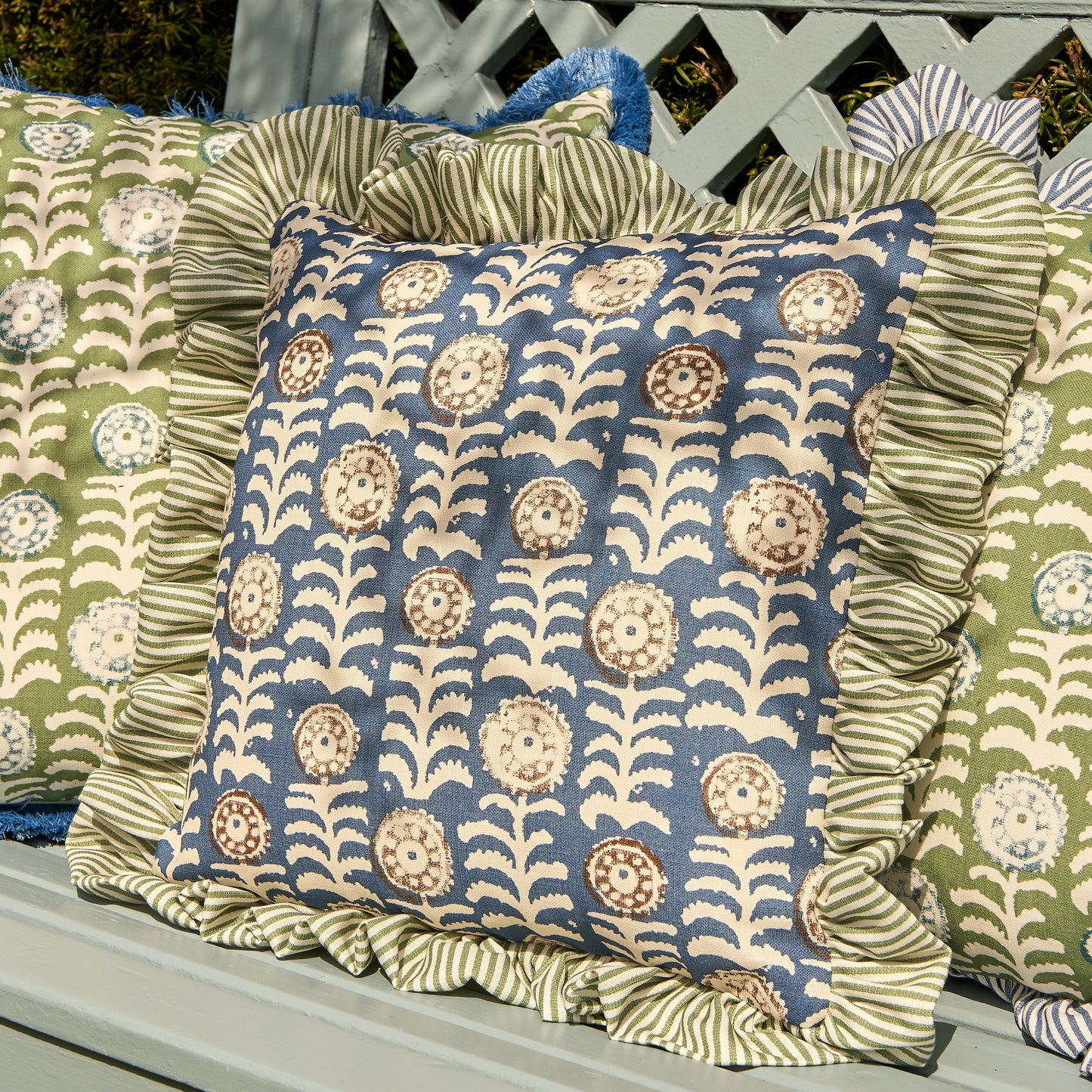 Killi Blue and Petra Stripe Garden Green Frill Performance/Outdoor Cushion