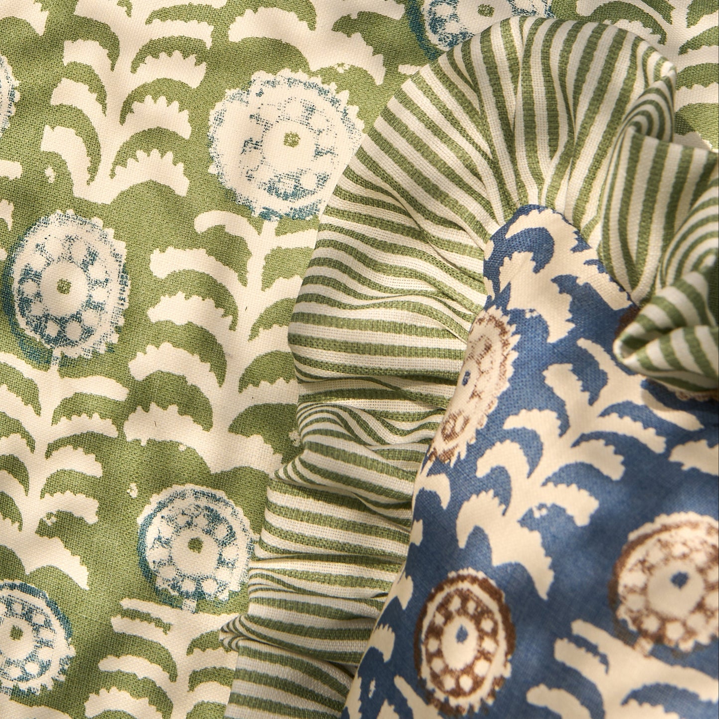 Killi Blue and Petra Stripe Garden Green Frill Performance/Outdoor Cushion