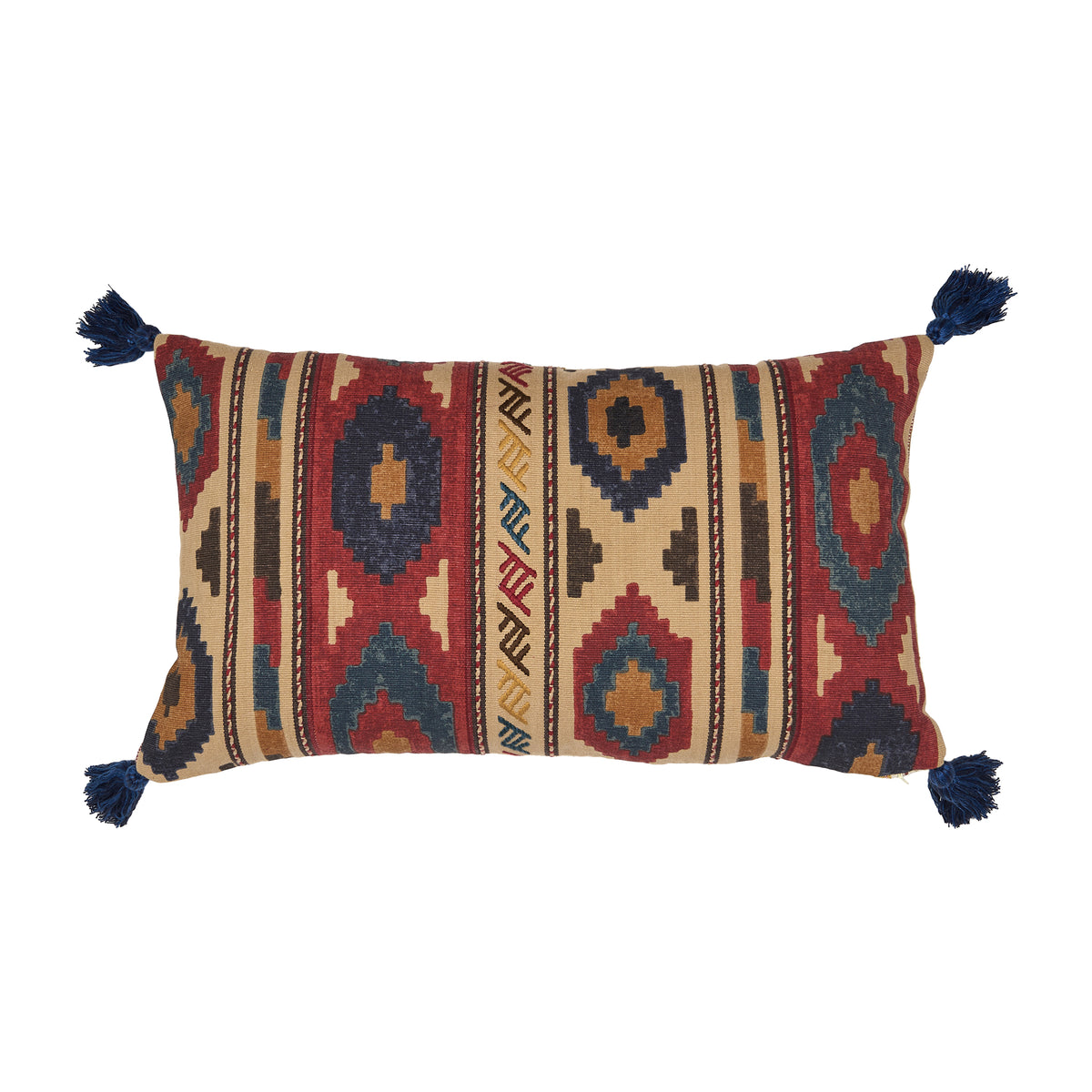 Bagru Stripe and Sketched Stripe Gold Cushion with Blue Tassels