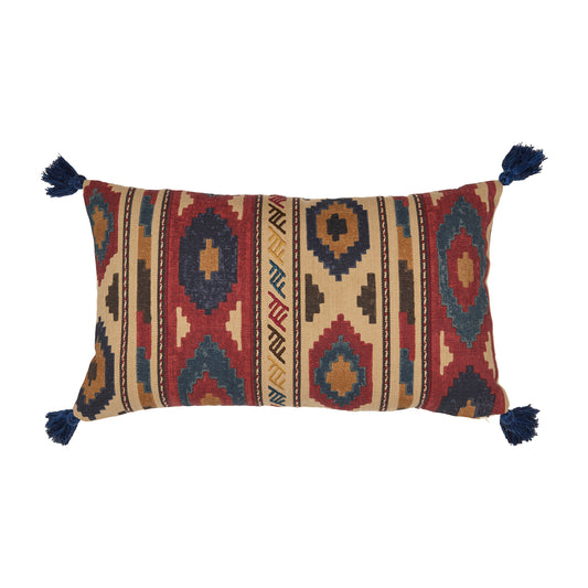 Bagru Stripe and Sketched Stripe Gold Cushion with Blue Tassels