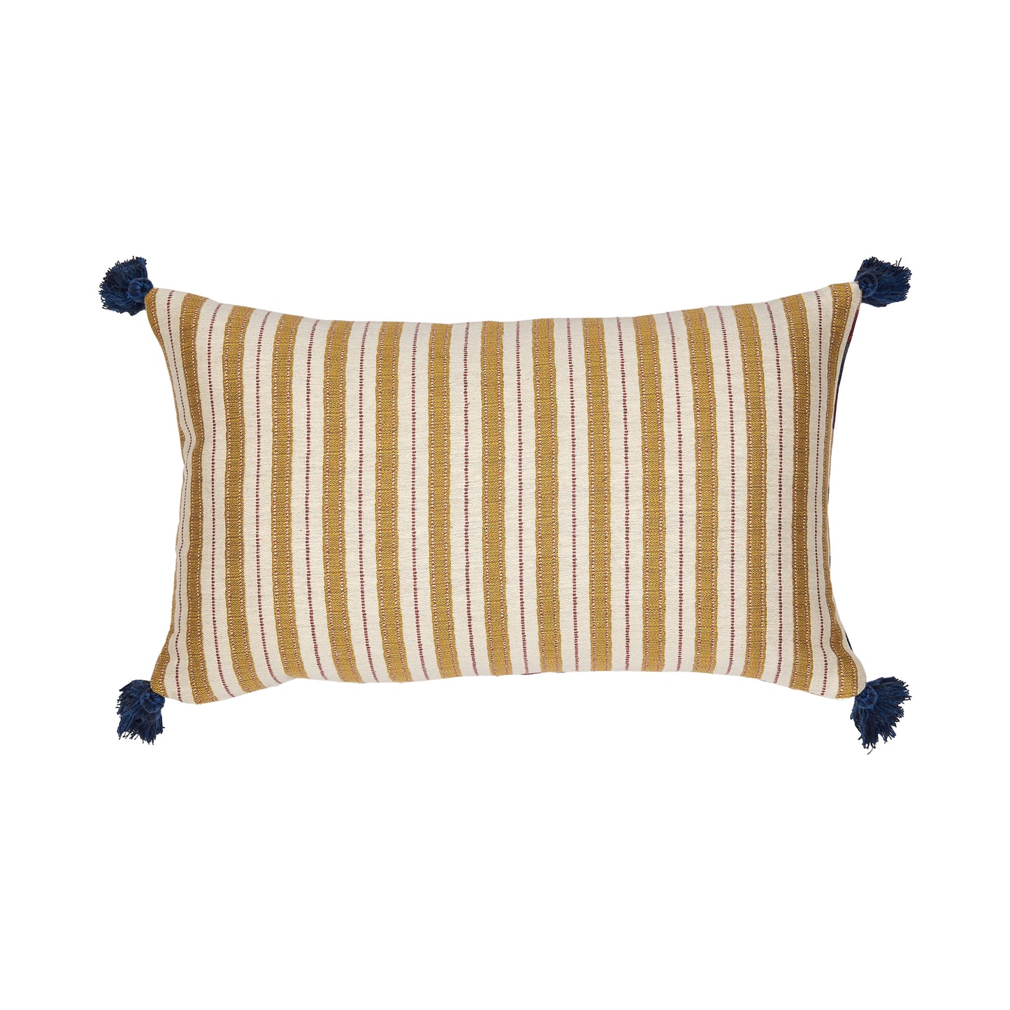 Bagru Stripe and Sketched Stripe Gold Cushion with Blue Tassels