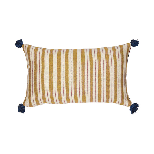 Bagru Stripe and Sketched Stripe Gold Cushion with Blue Tassels