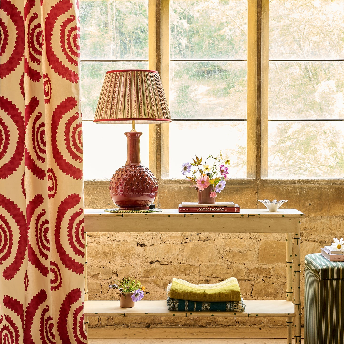 Taara Stripe Pleated Silk Lampshade with Burgundy Trim