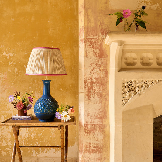 Blue Diamond Geometric Pleated Silk Lampshade with Pink Trim