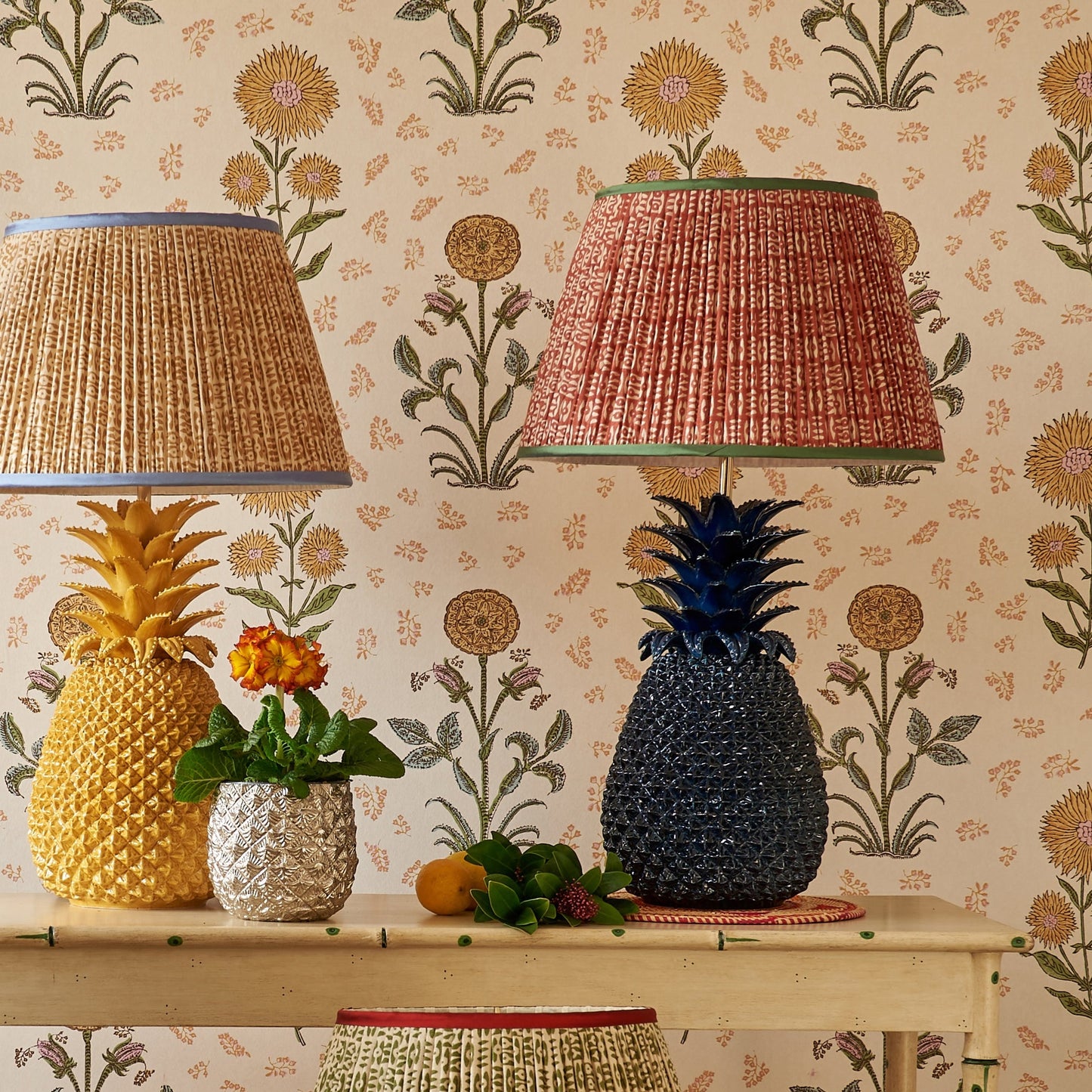 White on Red Tribal Pleated Silk Lampshade with Green Trim