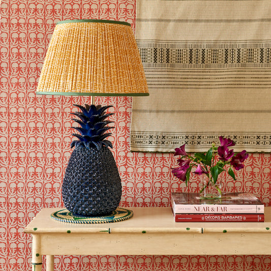 Yellow on White Tribal Pleated Silk Lampshade with Green Trim