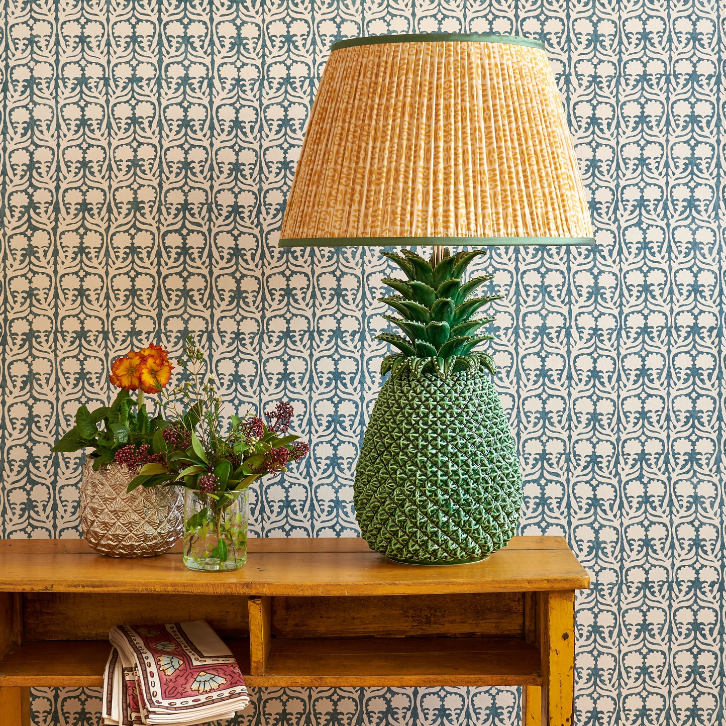 Yellow on White Tribal Pleated Silk Lampshade with Green Trim