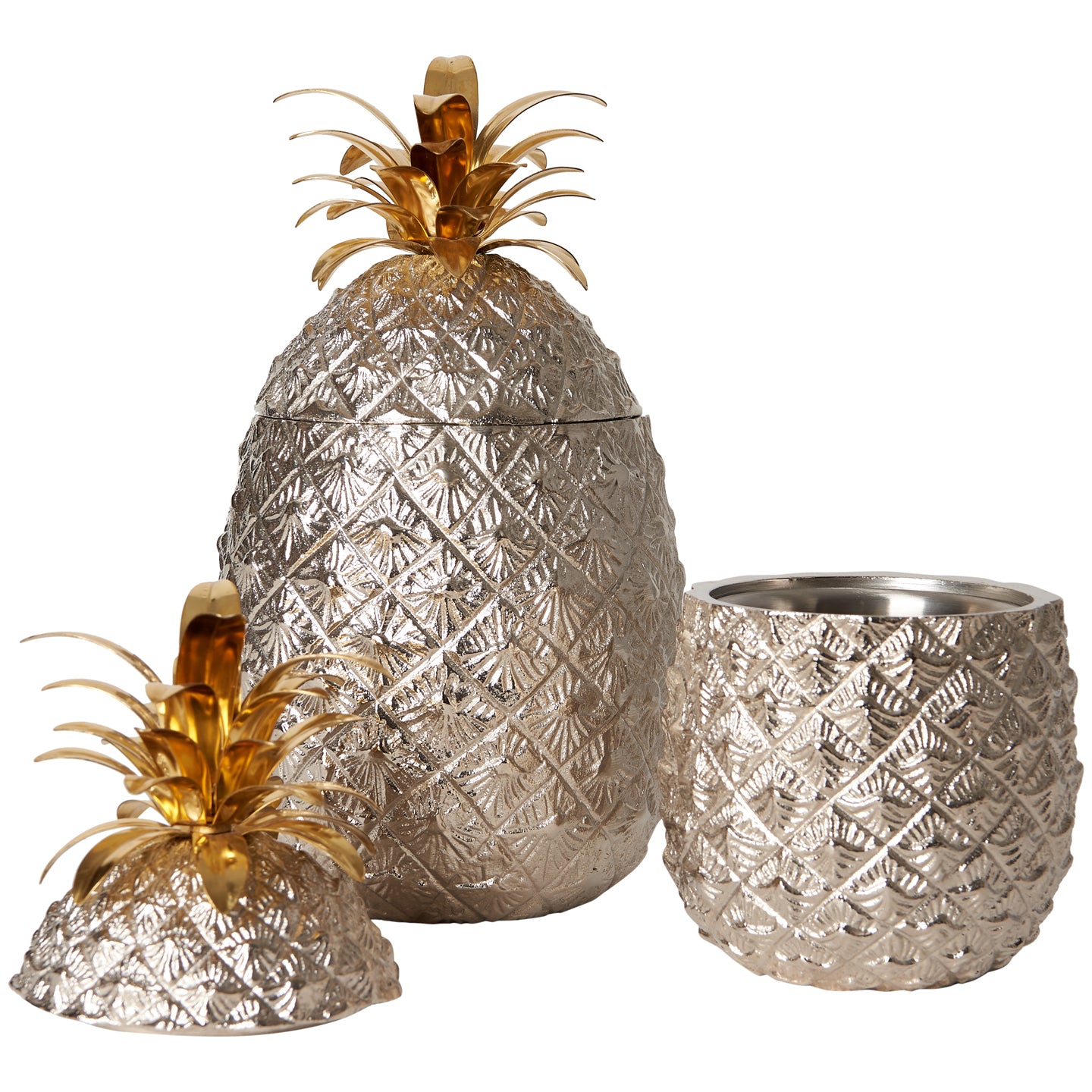 Large Silver-Plated Pineapple Ice Bucket with Brass Leaves