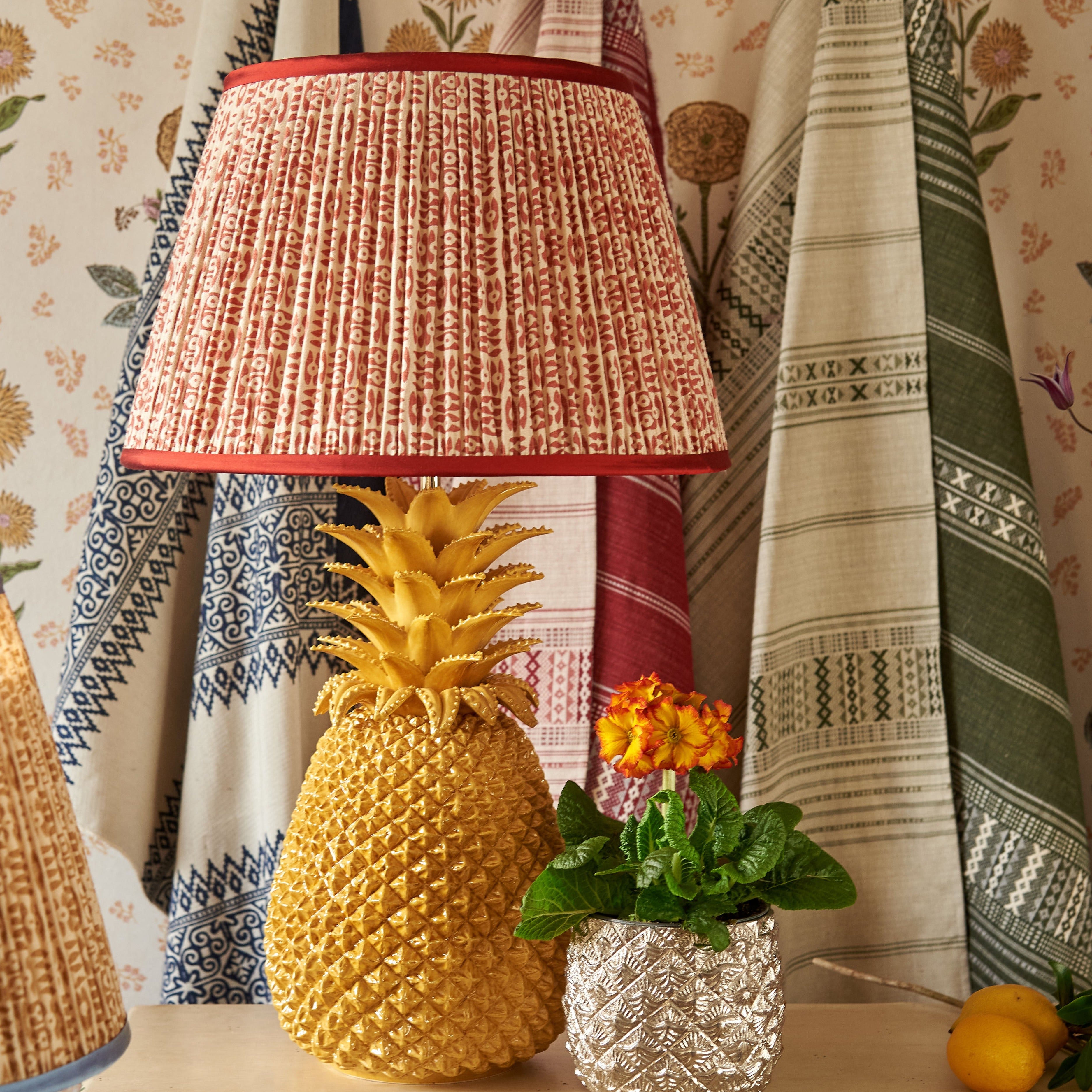 Red on White Tribal Pleated Silk Lampshade with Red Trim – Penny