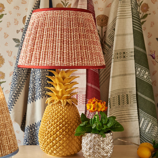 Red on White Tribal Pleated Silk Lampshade with Red Trim