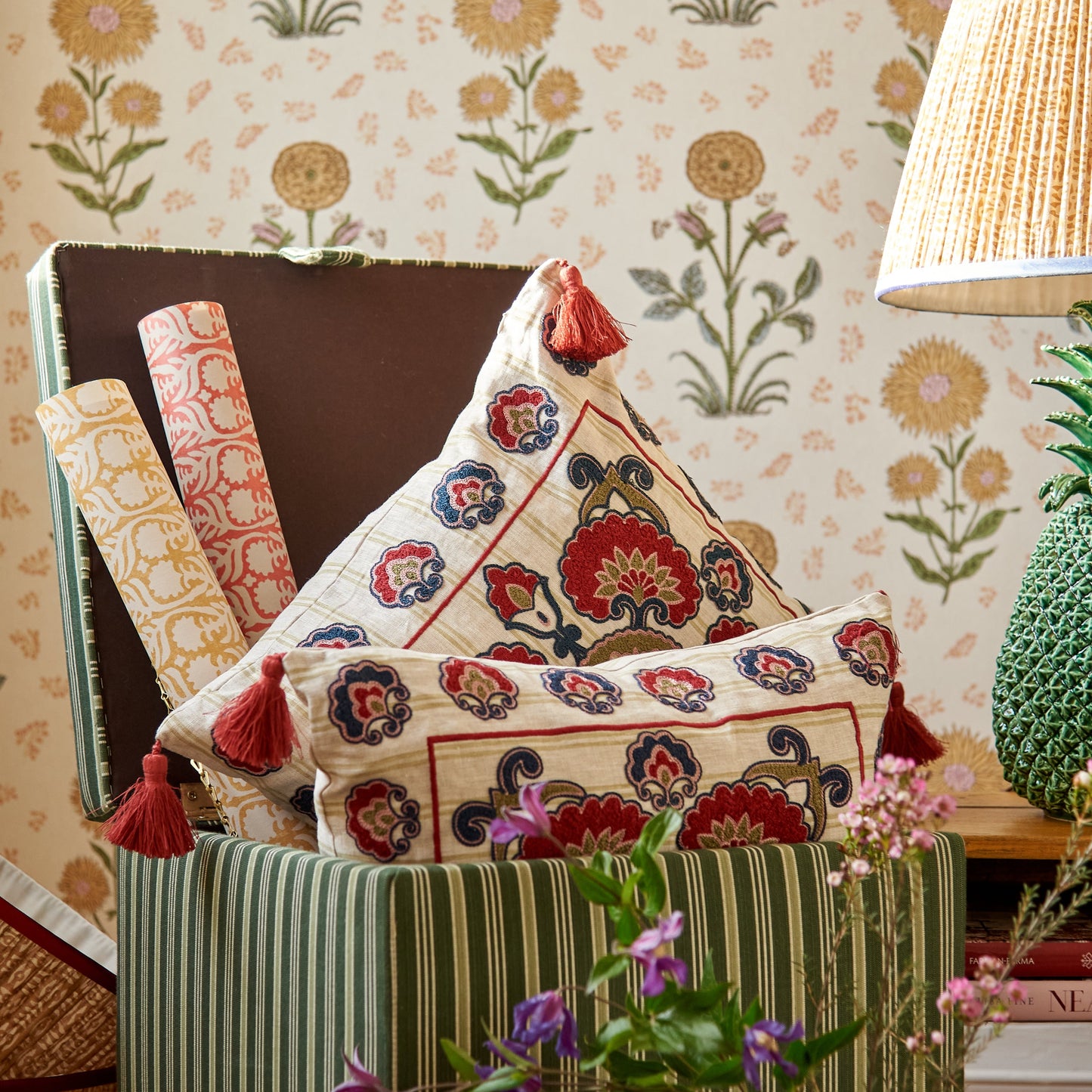 Shanti Embroidered Square Cushion with Pink Tassels