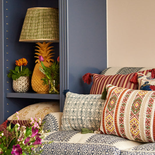 White on Green Tribal Pleated Silk Lampshade with Gold Trim