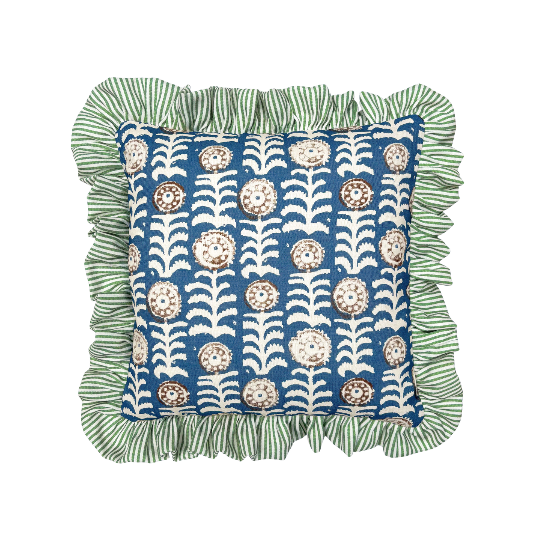 Killi Blue and Petra Stripe Garden Green Frill Performance/Outdoor Cushion