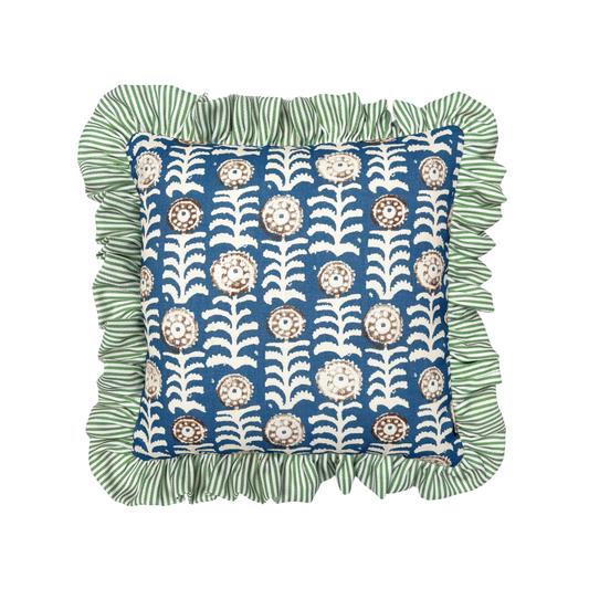Killi Blue and Petra Stripe Garden Green Frill Performance/Outdoor Cushion