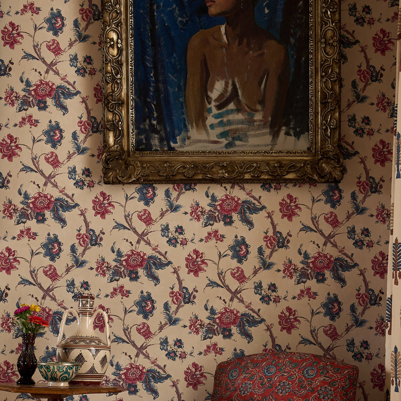 Rosa Antique Red/Blue Wide-Width Wallpaper