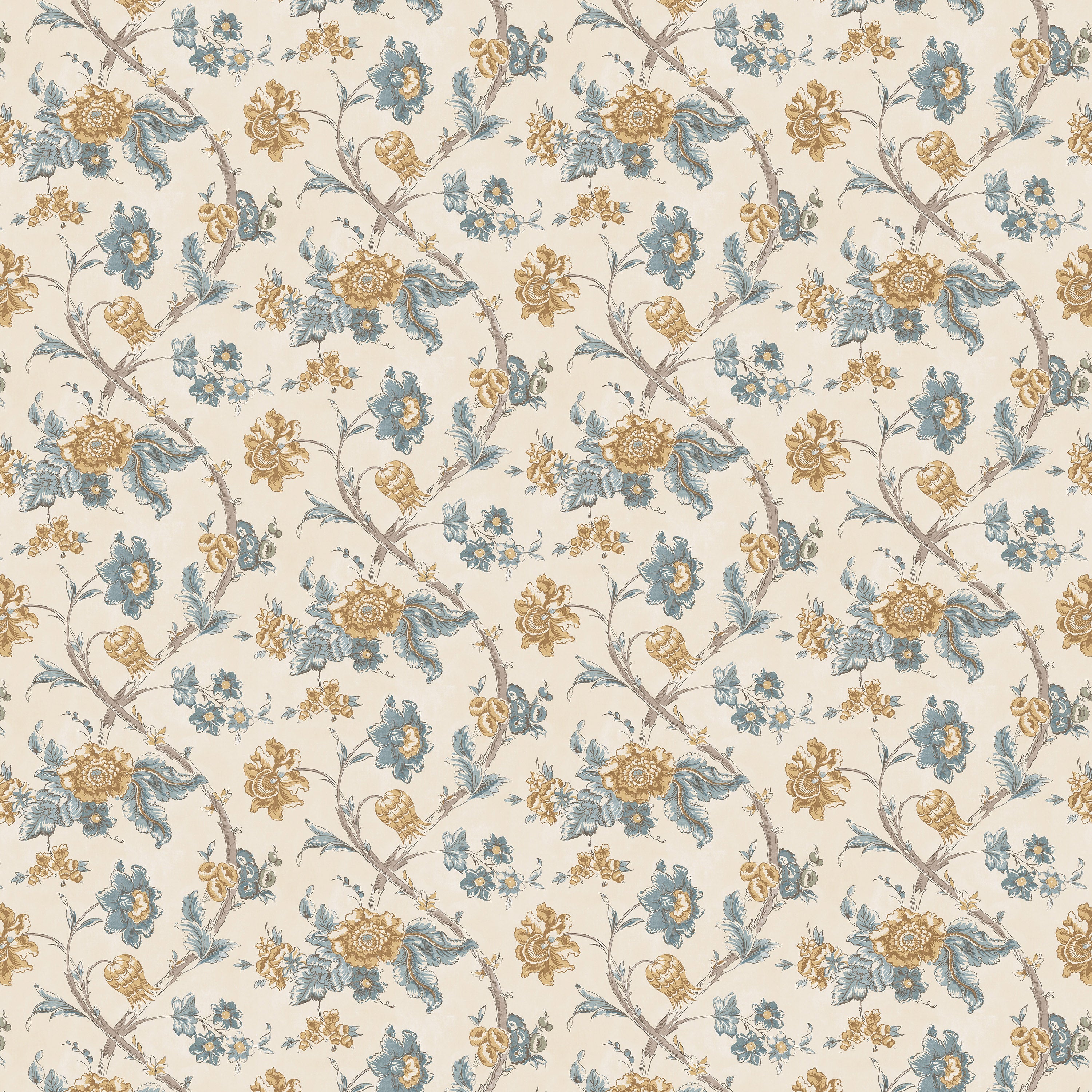 ヴィンテージ壁紙　インポート　壁紙 Rosa Antique Yellow/Blue Wide-Width Wallpaper – Penny Morrison
