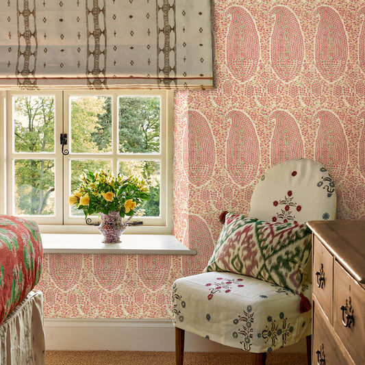 Jamawar Rose/Green Grasscloth Roll